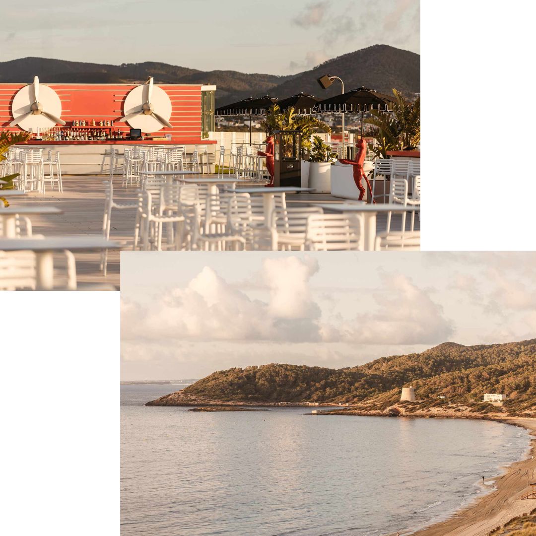 Vistas al atardecer sobre el Mediterráneo y Formentera desde el rooftop Up Ibiza Sky Society en Playa d'en Bossa